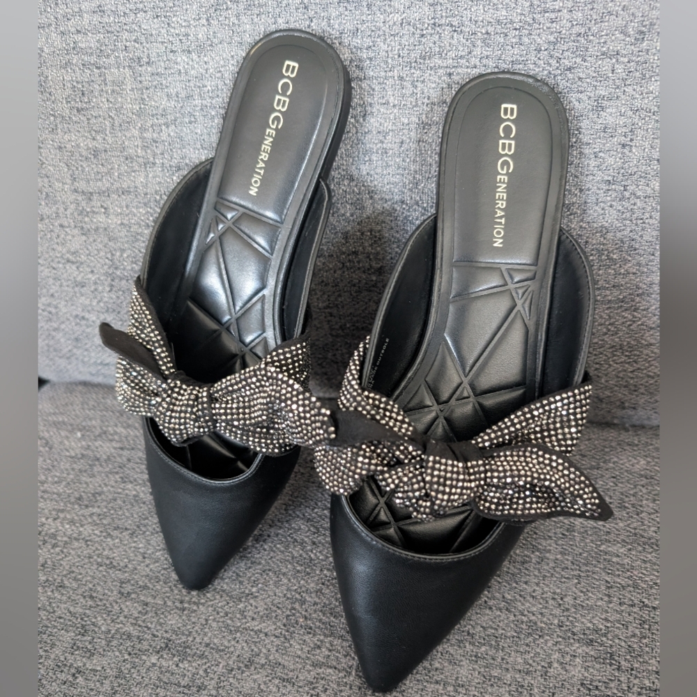 BCBGeneration Black Pointed Bow Rhinestone-Embellished Mules - Picture 4 of 8